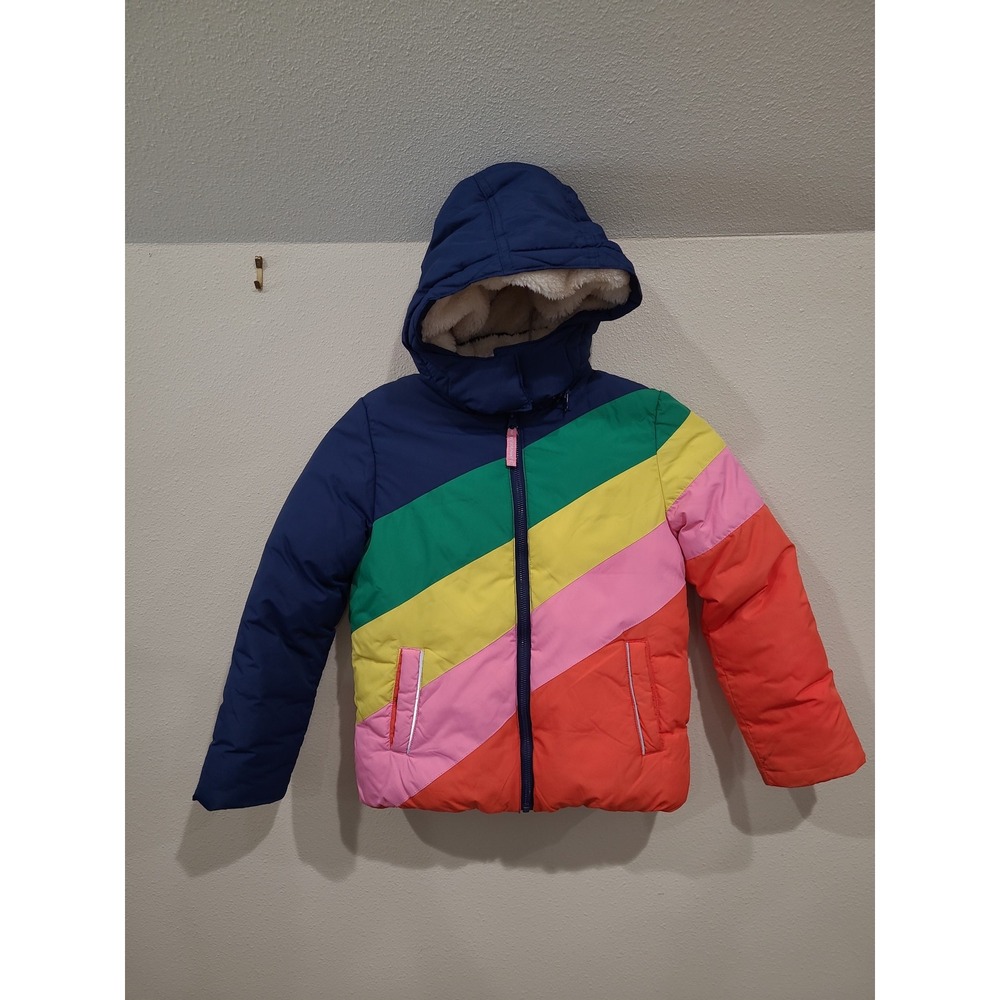 Boden Girls SZ 8-9 yr. Rainbow Puffer Jacket w/ zip off Hood faux sherpa lining
